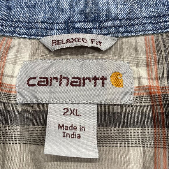 Carhartt Mens Relaxed Fit Plaid Button-Down Shirt 2XL Gray/Orange Cotton Blend - Picture 5 of 13